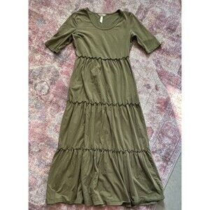 Matilda Jane Olive Green Tiered Maxi Dress Scoop Neck Half Sleeve Knit S
